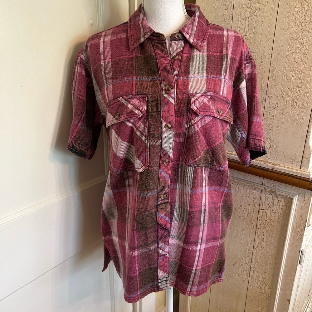 Free People Pink and Brown Short-Sleeve Button-Down Plaid Shirt